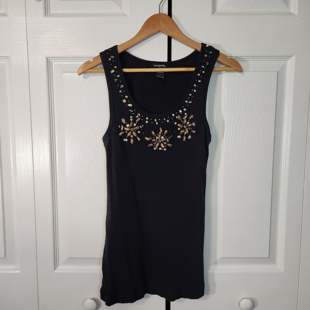 Eyeshadow Womens XL Black Ribbed Beaded Floral Tank Top 100% Cotton Size XL